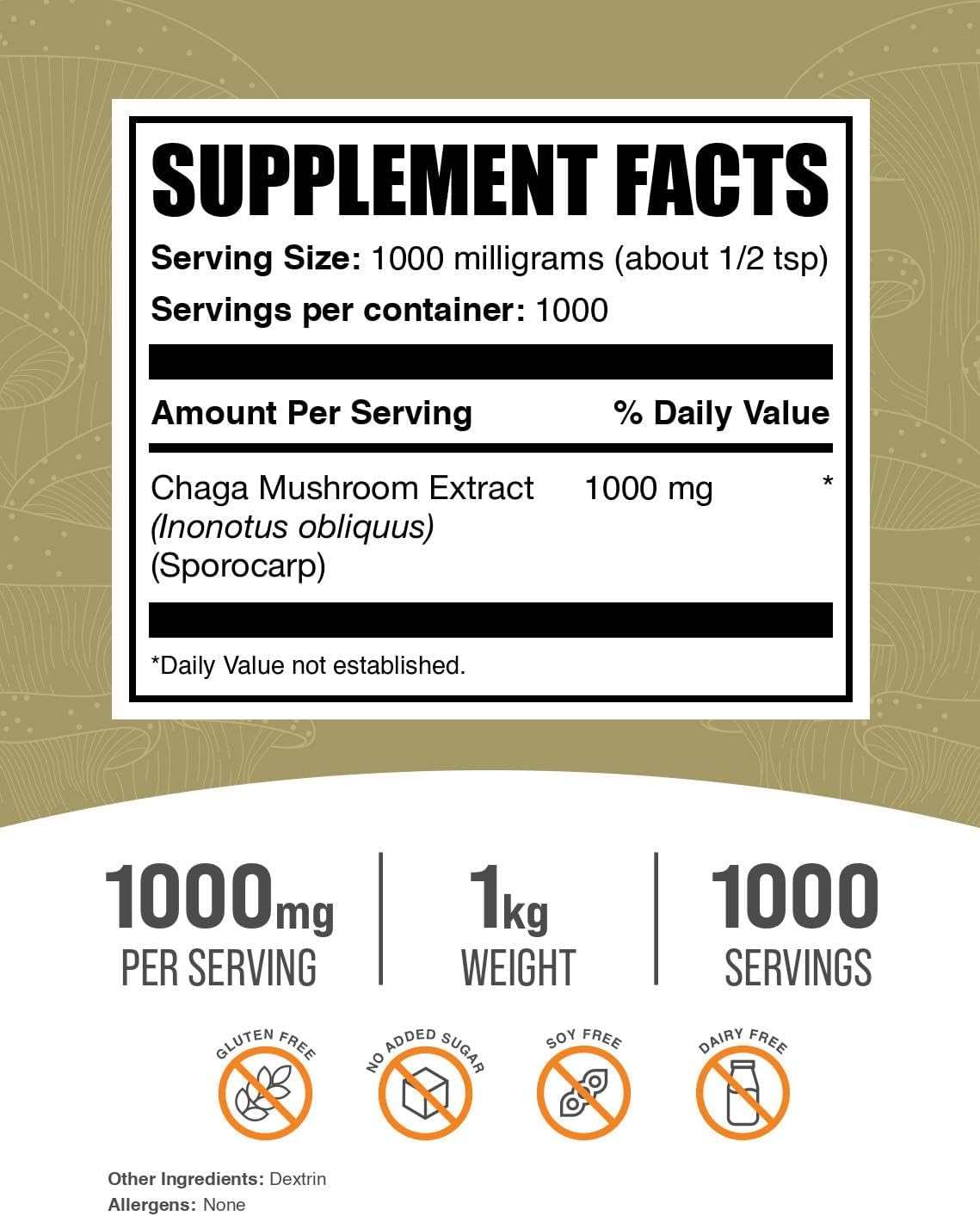 BulkSupplements.com Chaga Mushroom Extract Powder - Immune Support Supplement - Gluten Free - 1000mg per Serving, 1kg (2.2 lbs) Pack