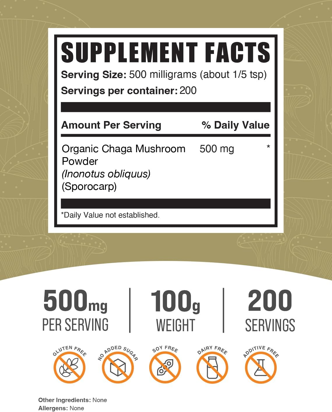 BulkSupplements.com Chaga Mushroom Powder - Organic Mushroom Supplement, Vegan & Gluten Free, 500mg per Serving - 100g (3.5 oz) Pack of 1