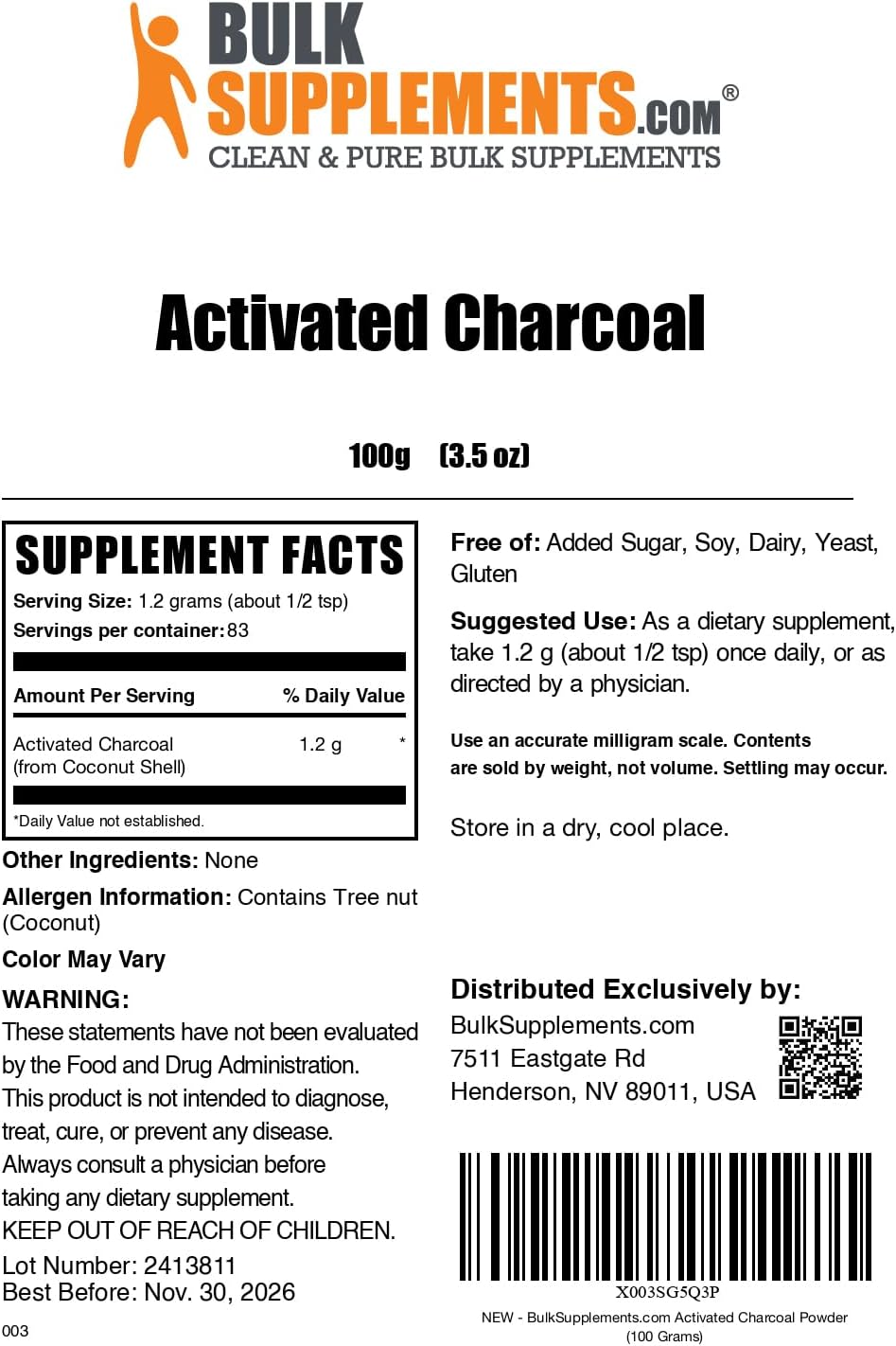 BulkSupplements.com Coconut Charcoal Powder - Teeth Whitening & Odor Absorber - Vegan & Gluten Free - 1200mg per Serving - 100g