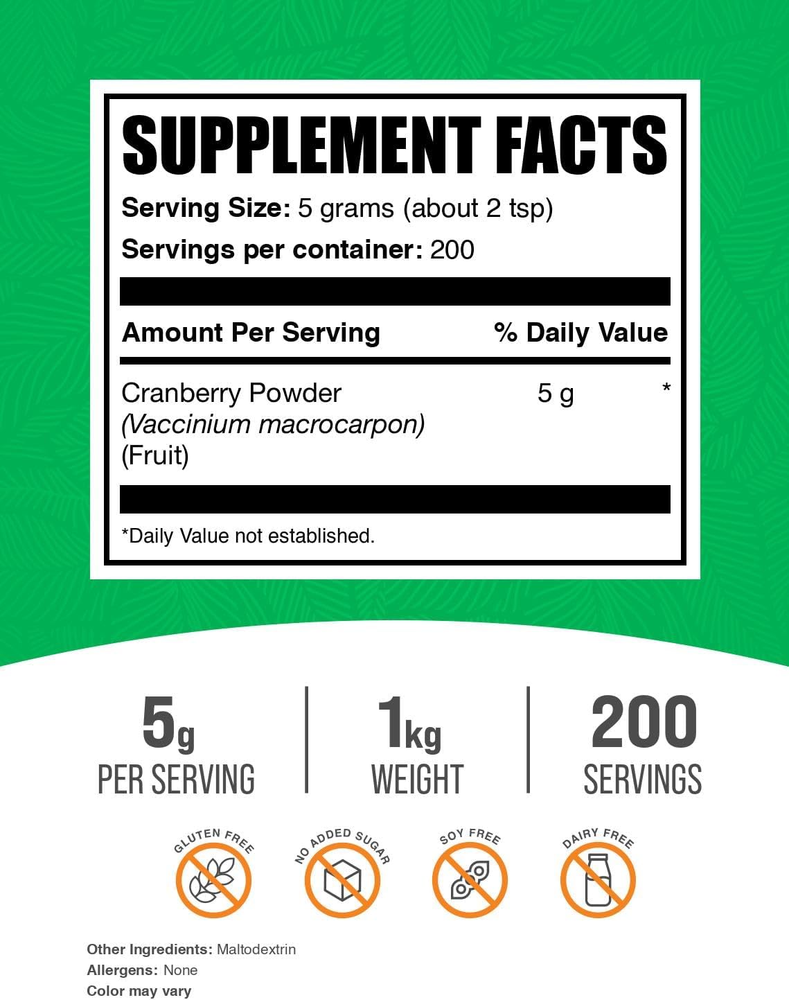 BulkSupplements.com Cranberry Powder - Unsweetened Dried Cranberry Supplements for Men & Women - Gluten & Sugar Free - 1kg (2.2 lbs) Pack