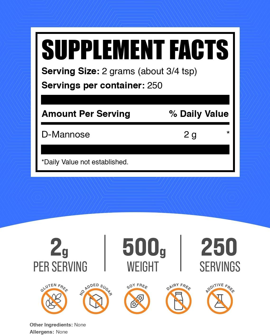 BulkSupplements.com D-Mannose Powder 2000mg - Urinary Tract Health Supplement - Unflavored, Gluten Free - 500g Pack