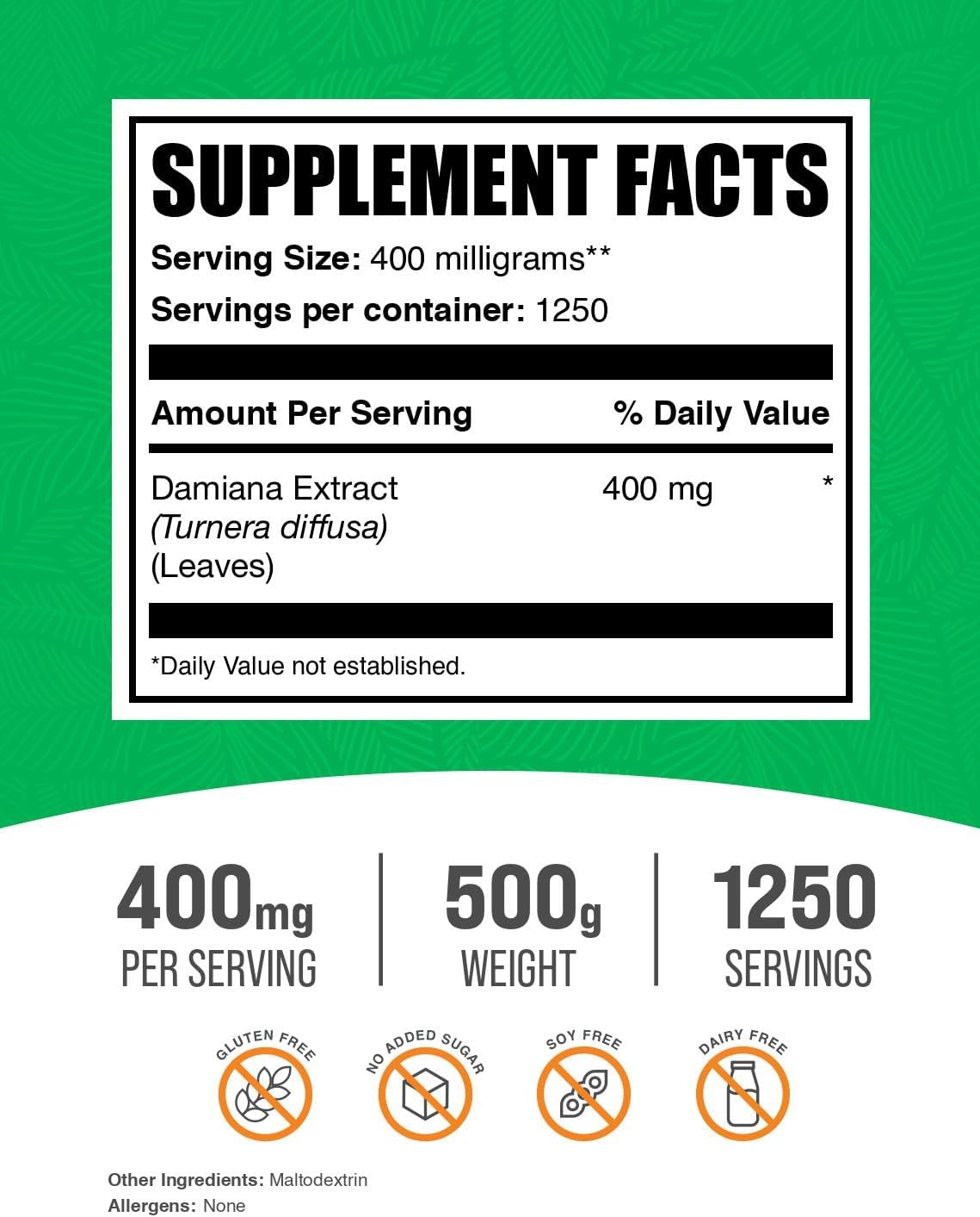 BulkSupplements.com Damiana Extract Powder - Herbal Supplement, 500g (1.1 lbs), Gluten Free - Damiana Leaf Extract, 400mg per Serving