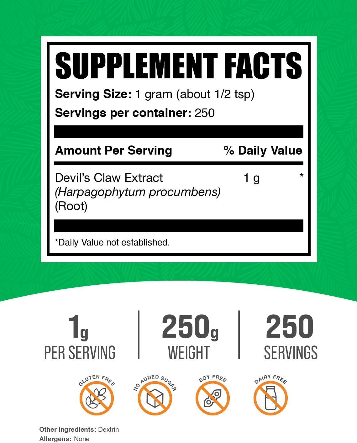 BulkSupplements.com Devil's Claw Extract Powder - Herbal Supplement from Devil's Claw Root - Gluten Free, 1000mg per Serving - 250g