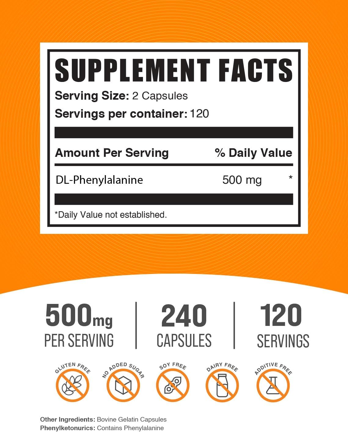 BulkSupplements.com DL-Phenylalanine 500mg Capsules - DLPA Supplements, Gluten Free - 240 Capsules