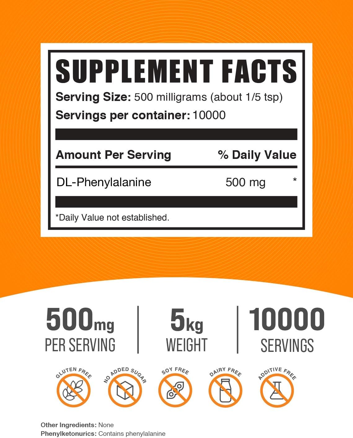 BulkSupplements.com DL-Phenylalanine Powder - 500mg Amino Acid Supplements - Pack of 5, 5kg (11 lbs)