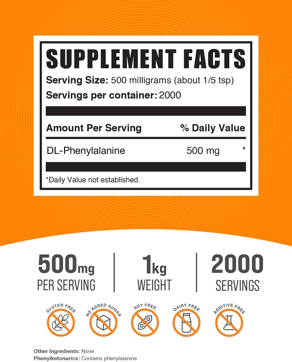 BulkSupplements.com DL-Phenylalanine Powder 1kg - DLPA Supplements, Amino Acid 500mg per Serving - Gluten Free Amino Acid Supplement