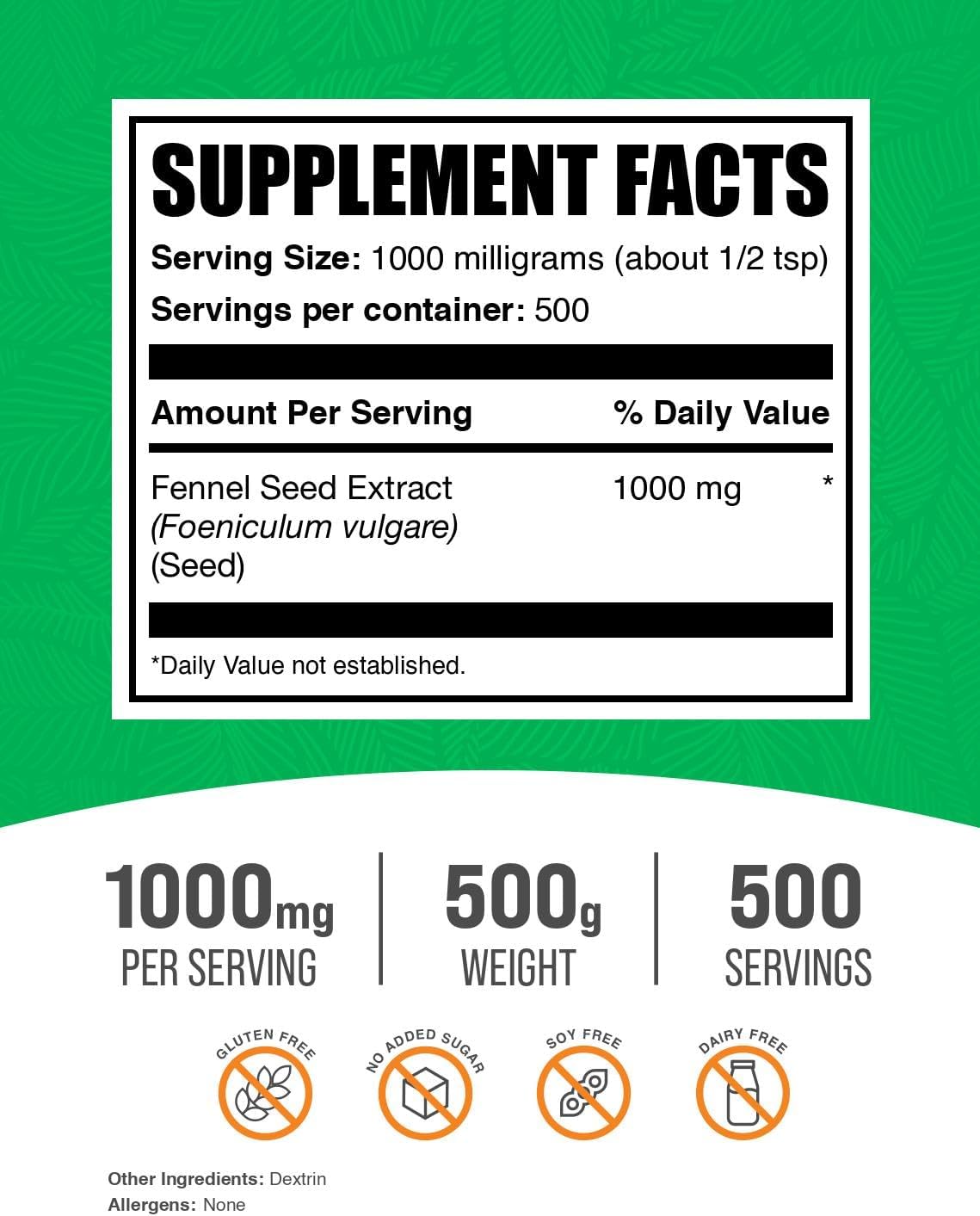 BulkSupplements.com Fennel Seed Extract Powder - Herbal Supplement, Gluten Free, 1000mg per Serving, 500g - 1.1 lbs Pack