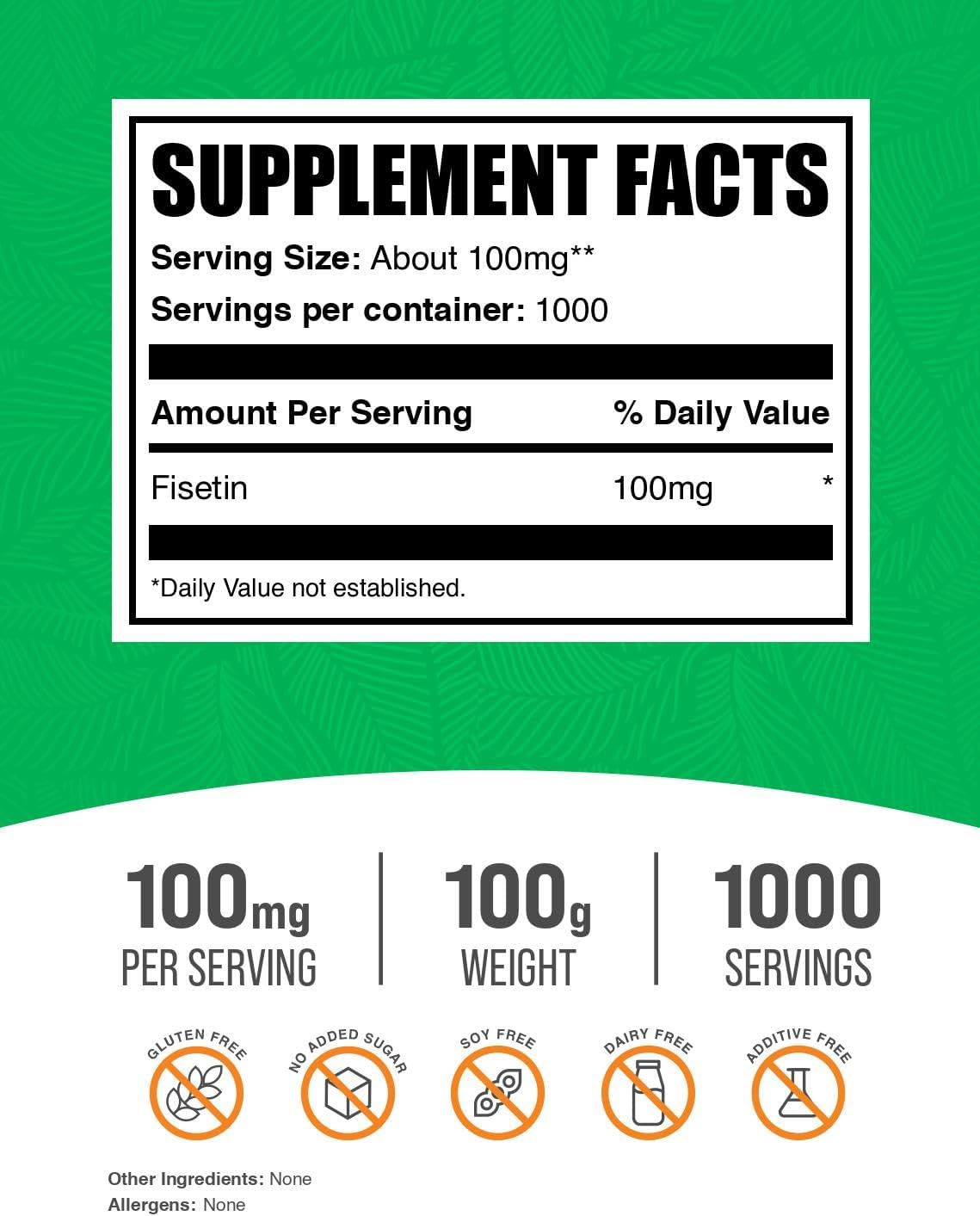 BulkSupplements.com Fisetin Powder - High-Quality Antioxidant Supplement - Pure & Gluten-Free - 100mg per Serving - 100g (3.5 oz)