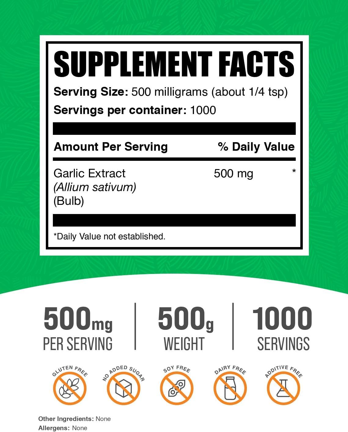 BulkSupplements.com Garlic Extract Powder - Allium Sativum Supplement, Gluten-Free Herbal Powder, 500mg per Serving, 500g (1.1 lbs)