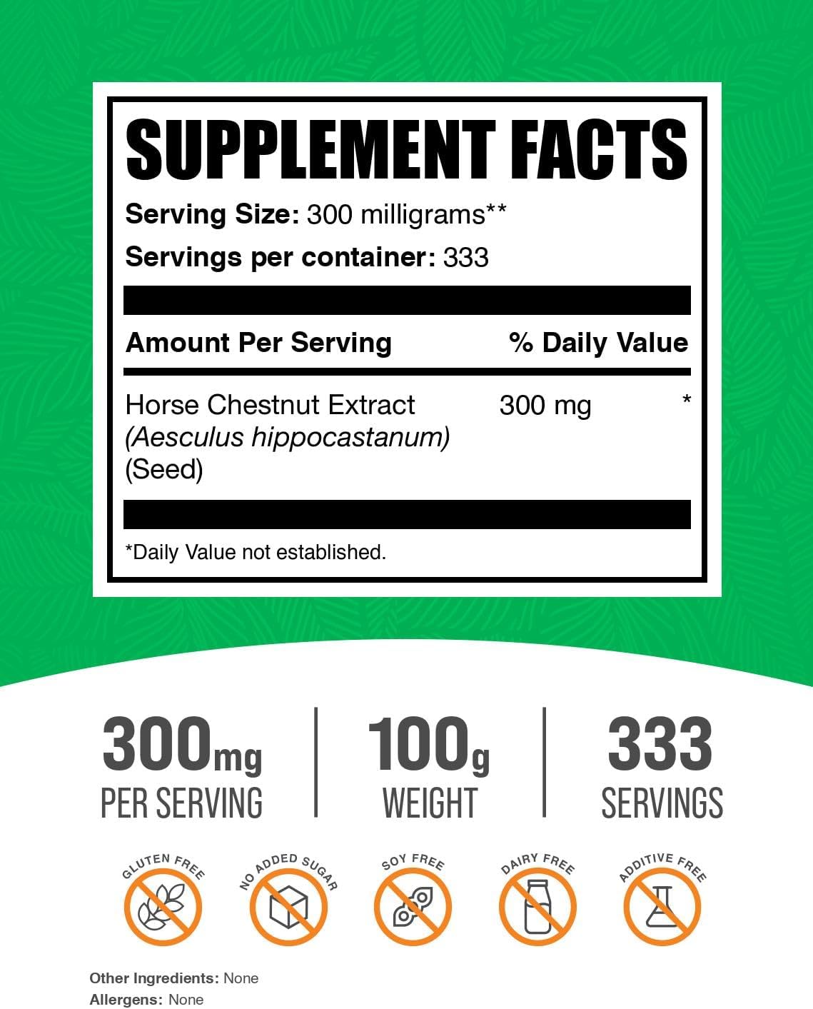 BulkSupplements.com Horse Chestnut Extract Powder - Herbal Supplement, Gluten Free, 300mg per Serving, 100g - Pack of 1