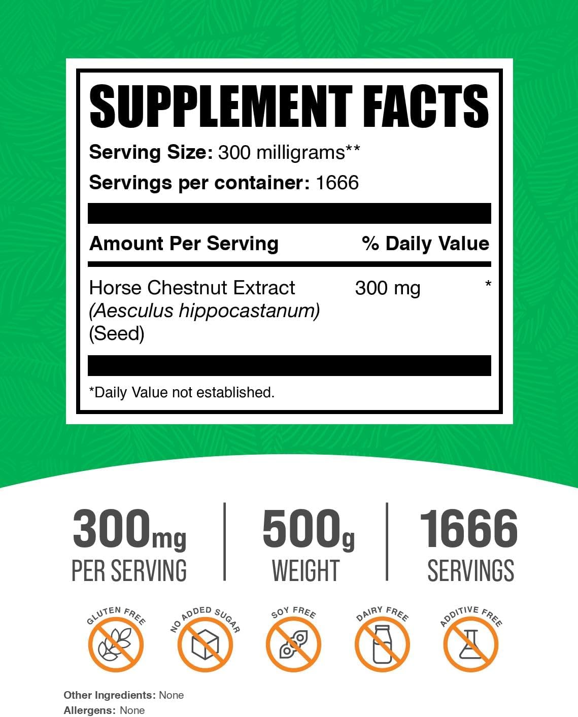 BulkSupplements.com Horse Chestnut Extract Powder - Herbal Supplement, Gluten Free, 300mg per Serving, 500g (1.1 lbs) - Pack of 1