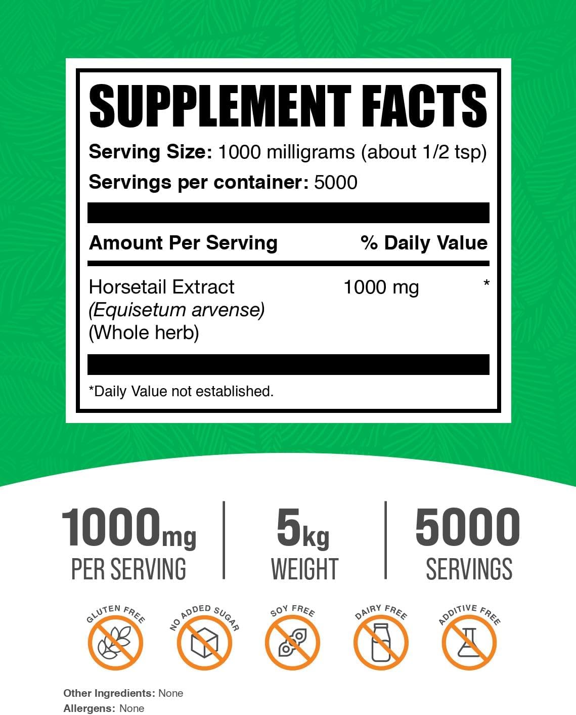 BulkSupplements.com Horsetail Extract Powder - Pure Horsetail Herb Supplement with Silica - Gluten Free, 1000mg per Serving, 5kg (11 lbs) - Pack of 5