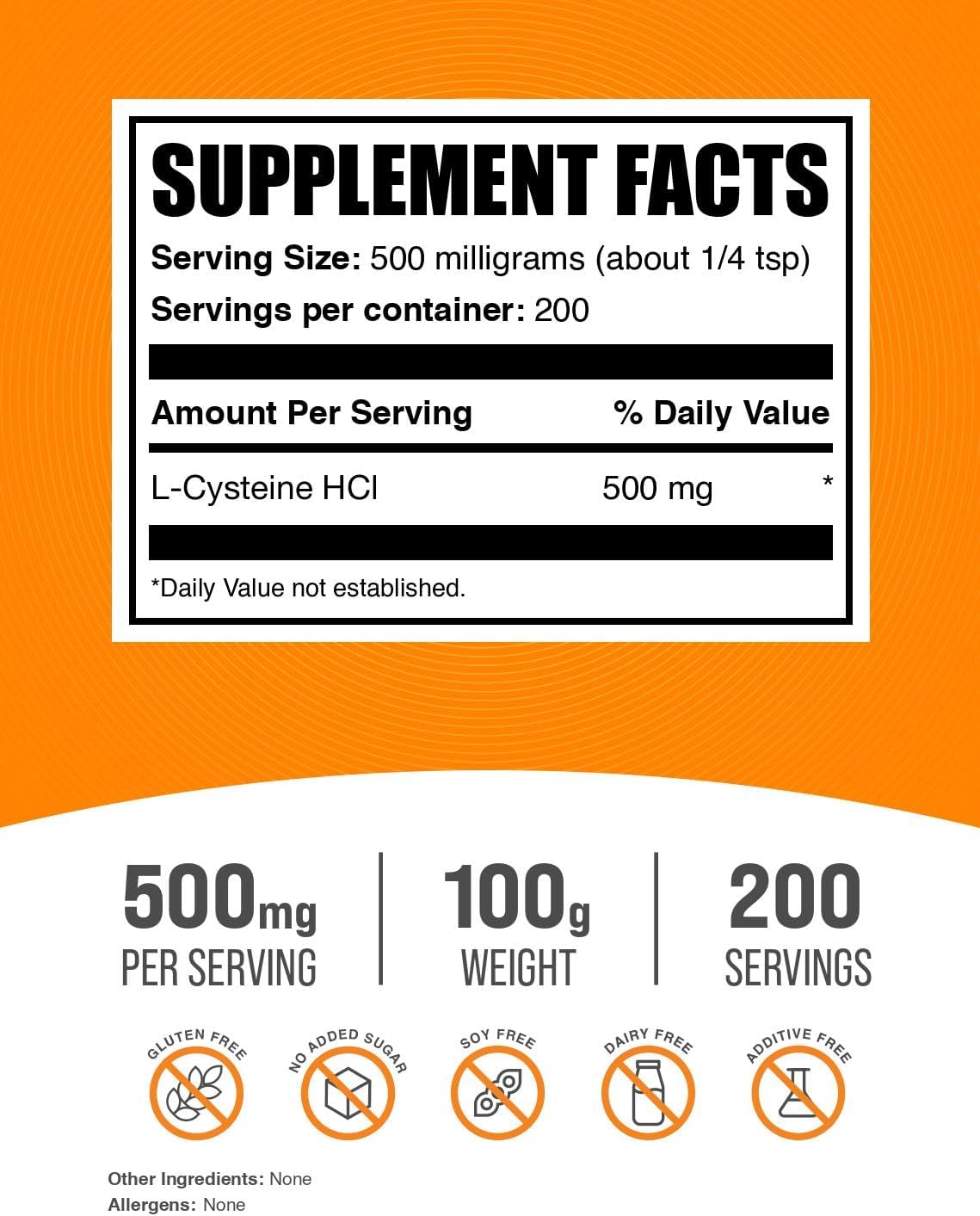 BulkSupplements.com L-Cysteine HCl Powder - 500mg Amino Acid Supplement, Gluten Free, 100g - Pack of 1