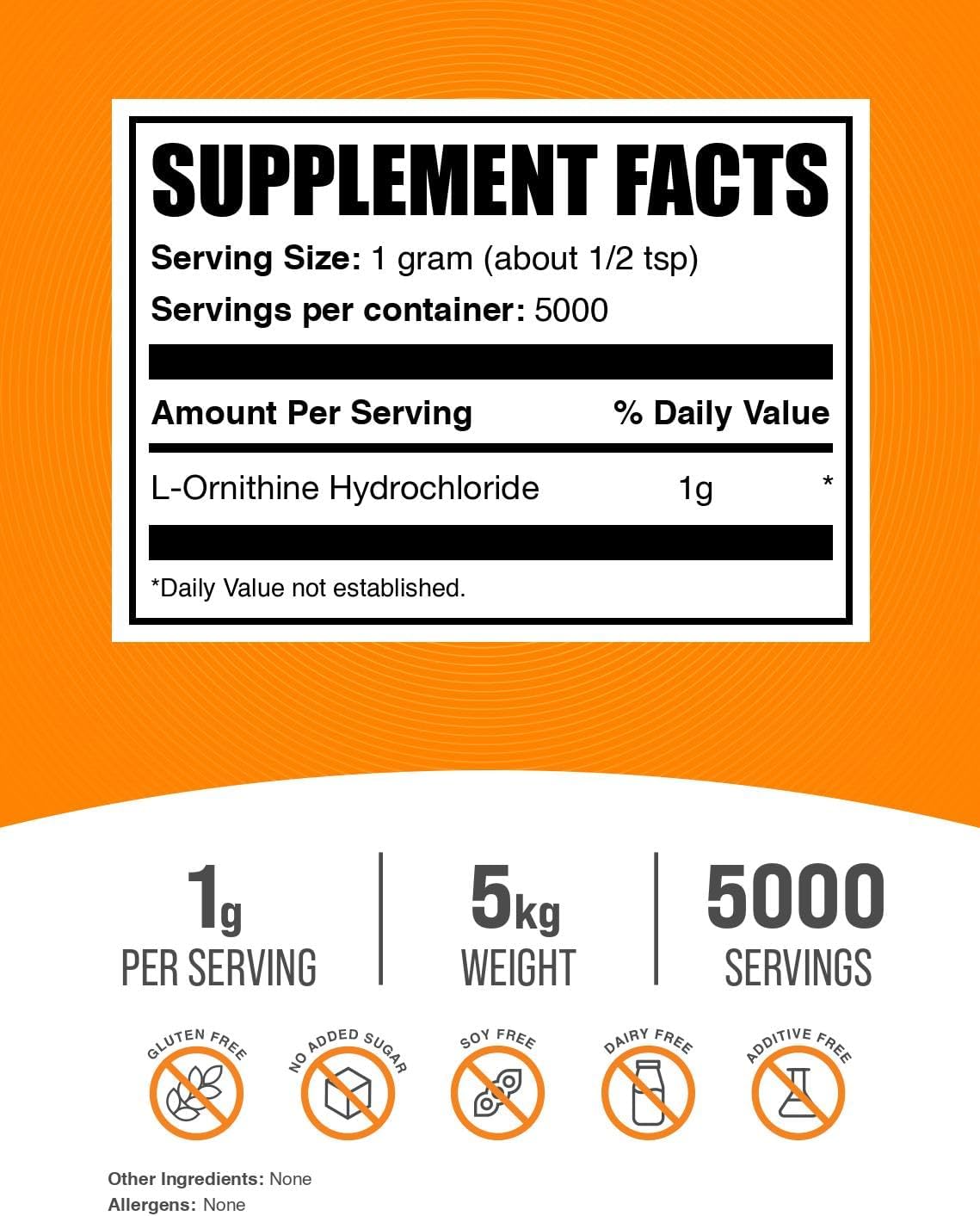 BulkSupplements.com L-Ornithine HCl Powder - High-Quality Ornithine Supplement, Amino Acids Powder - Gluten Free, 1000mg per Serving, 5kg (11 lbs) (Pack of 5)