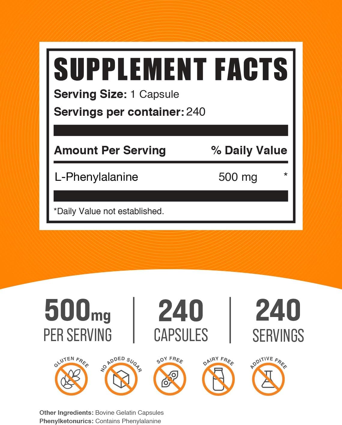 BulkSupplements.com L-Phenylalanine Capsules - 500mg Supplement, Gluten-Free, 240 Capsules - 1 Capsule/Serving