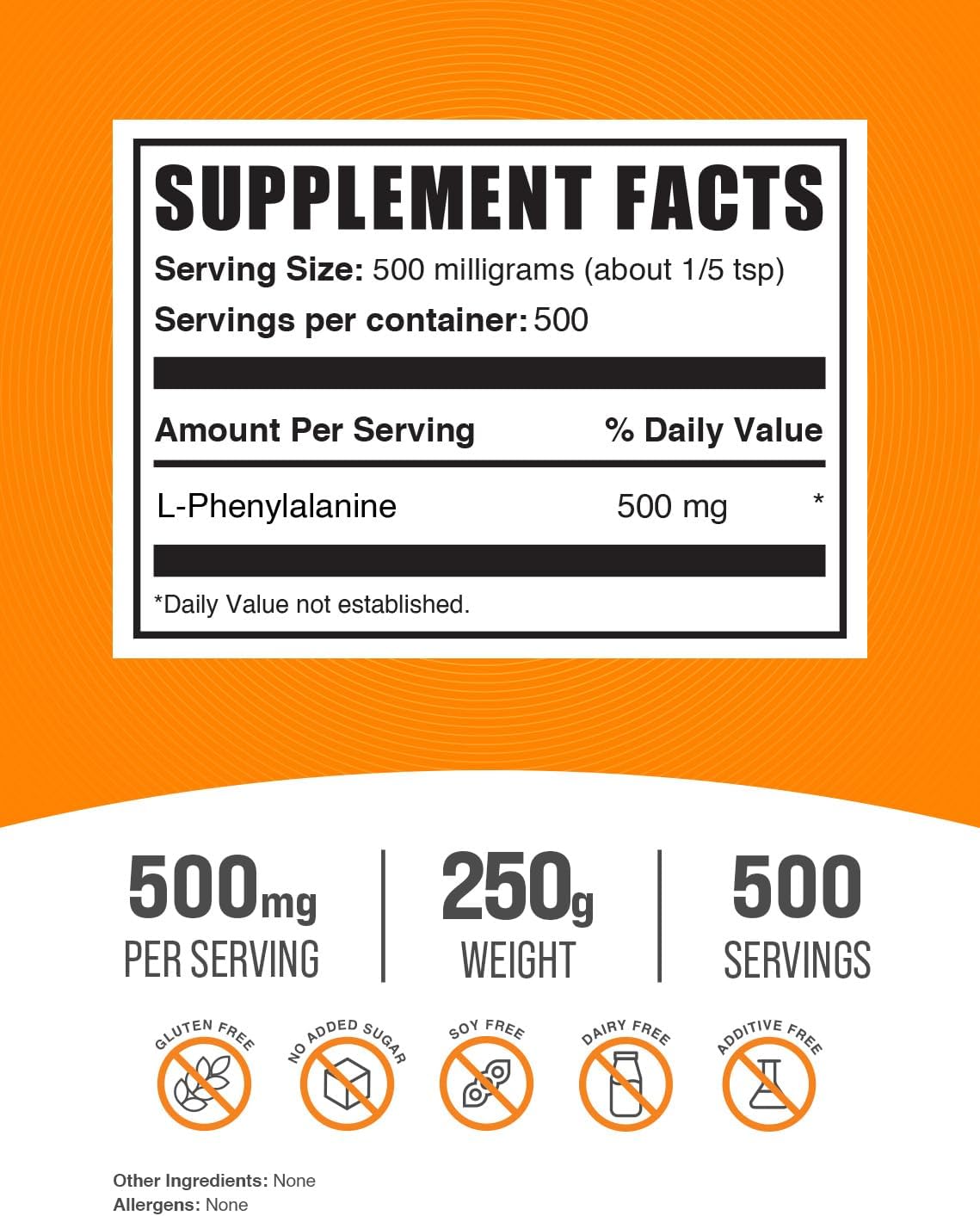 BulkSupplements.com L-Phenylalanine Powder - 500mg Amino Acid Supplement for Enhanced Health and Wellness - Gluten Free, 250g (8.8 oz) Pack of 1