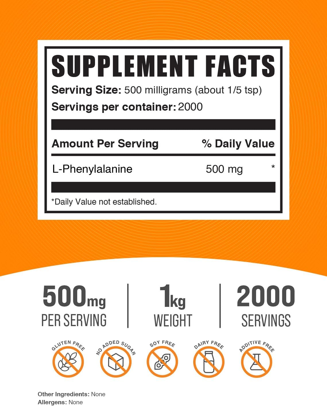 BulkSupplements.com L-Phenylalanine Powder - 500mg Amino Acid Supplement, Gluten Free, 1kg (2.2 lbs) - Pack of 1