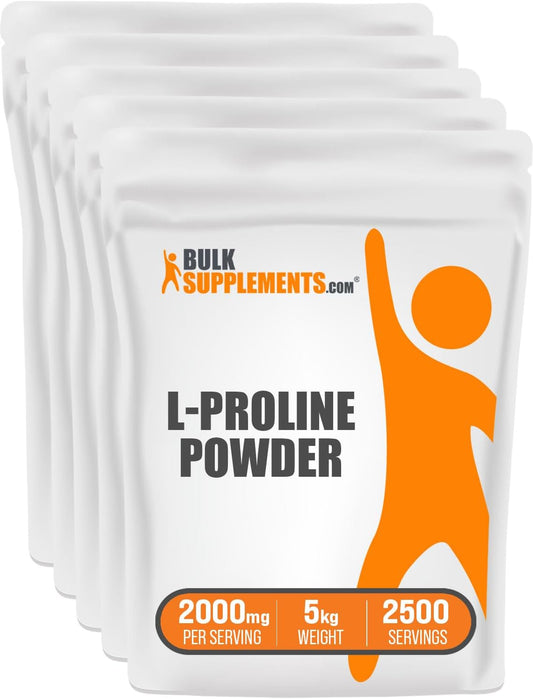 BulkSupplements.com L-Proline Powder - Unflavored Amino Acid Supplement, 2000mg per Serving, 5kg (11 lbs) - Pack of 5, Gluten-Free