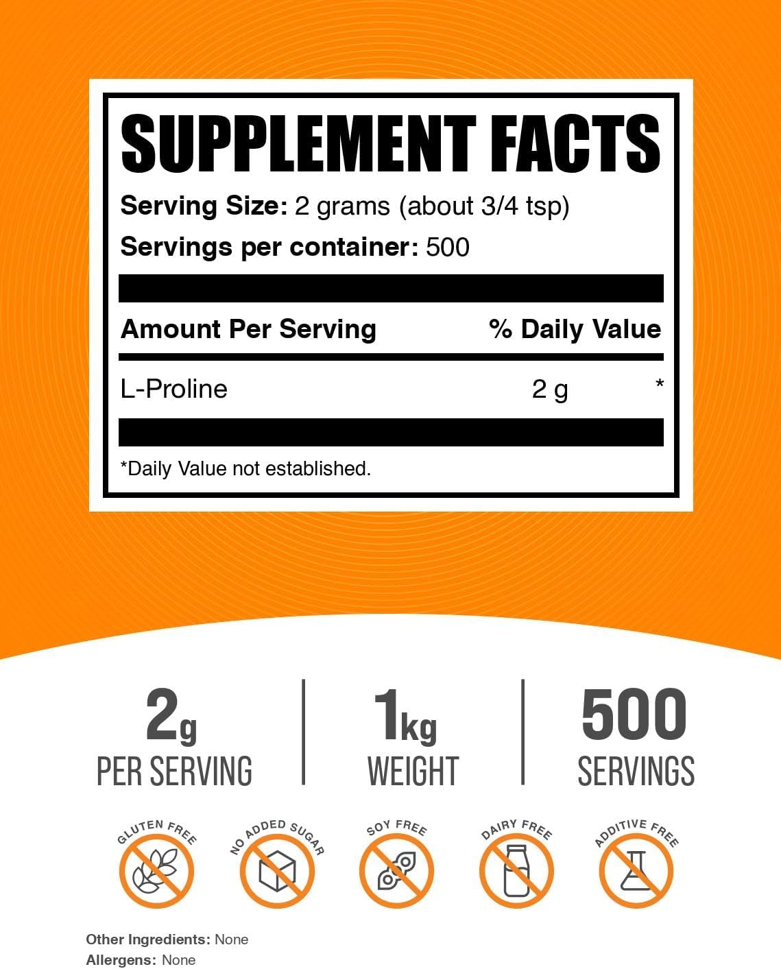 BulkSupplements.com L-Proline Powder - Unflavored Amino Acid Supplement, Gluten Free, 2000mg per Serving, 1kg - 500 Servings