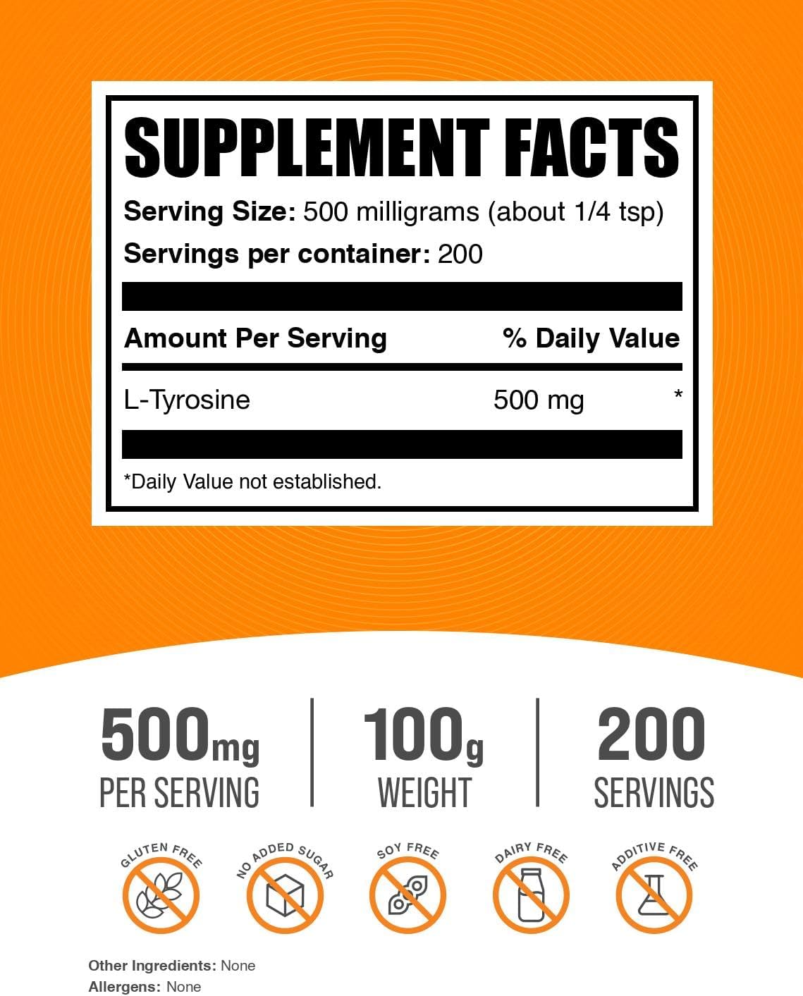 BulkSupplements.com L-Tyrosine Powder - Amino Acid Supplement, Unflavored & Gluten Free - 100g (3.5 oz) - Pack of 1 - 500mg per Serving