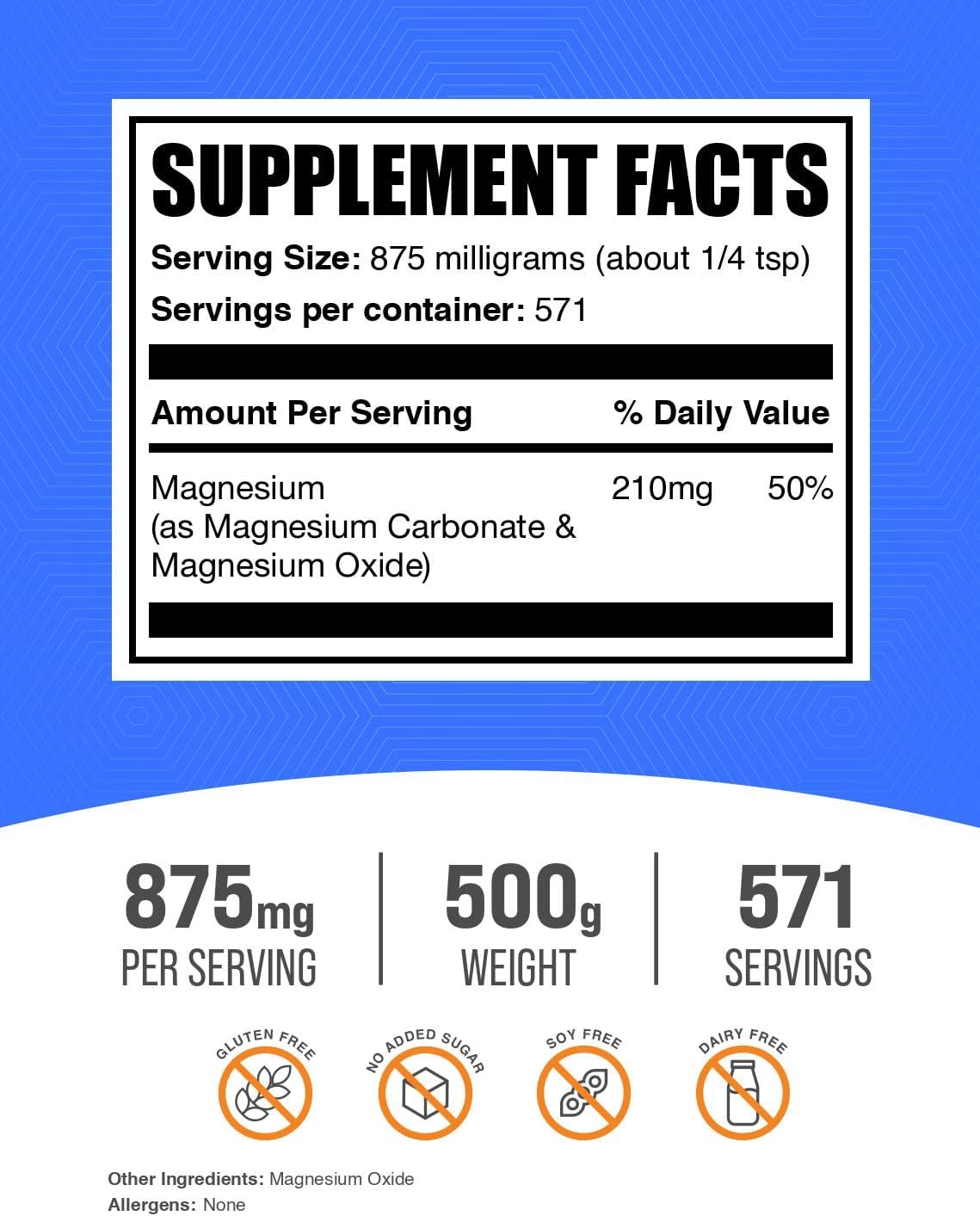 BulkSupplements.com Magnesium Carbonate Powder - 500g (1.1 lbs), 875mg per Serving - Food Grade Supplement, Gluten Free - Pack of 1