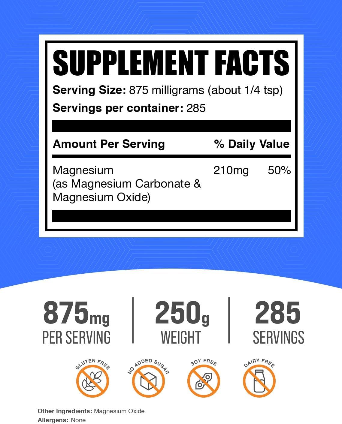 BulkSupplements.com Magnesium Carbonate Powder - Food Grade Supplement, Gluten Free, 875mg per Serving, 250g (8.8 oz) Pack of 1