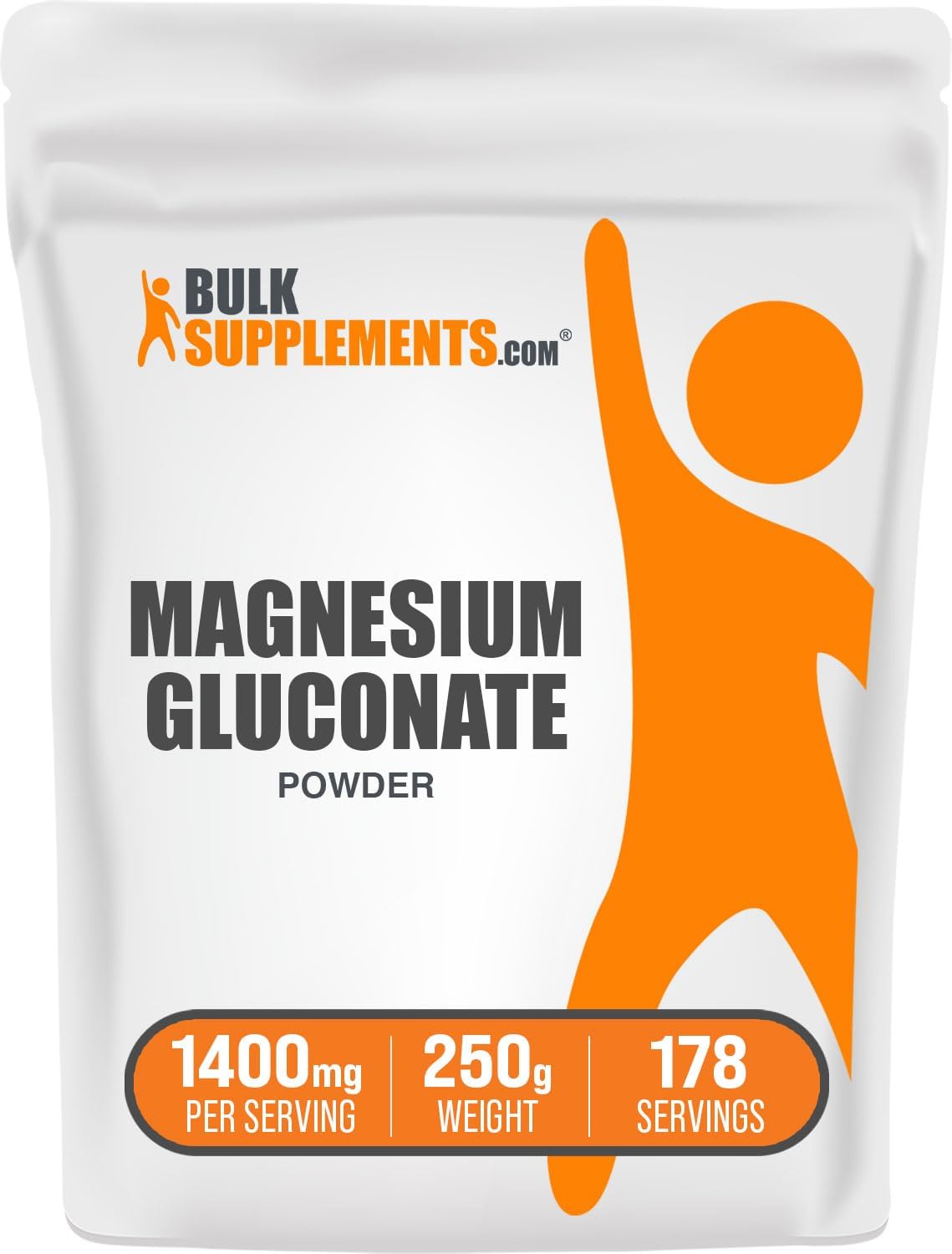 BulkSupplements.com Magnesium Gluconate Powder - Gluten Free Essential Supplement, 1400mg (75mg Magnesium) per Serving - 250g (8.8 oz) - Pack of 1