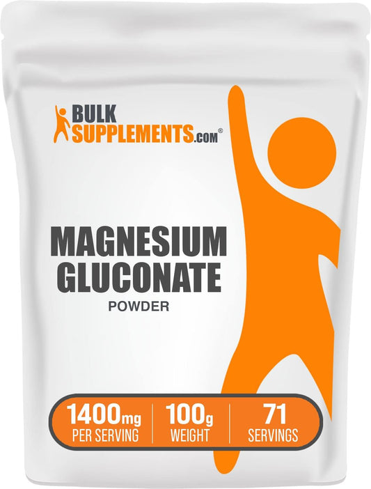 BulkSupplements.com Magnesium Gluconate Powder - Gluten Free Magnesium Supplement, 1400mg (75mg Magnesium) per Serving, 100g - 1 Pack