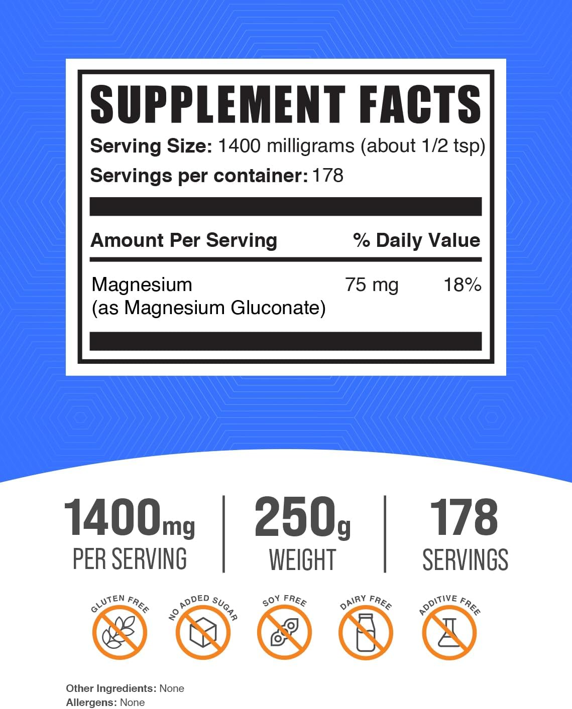 BulkSupplements.com Magnesium Gluconate Powder - Gluten Free Essential Supplement, 1400mg (75mg Magnesium) per Serving - 250g (8.8 oz) - Pack of 1