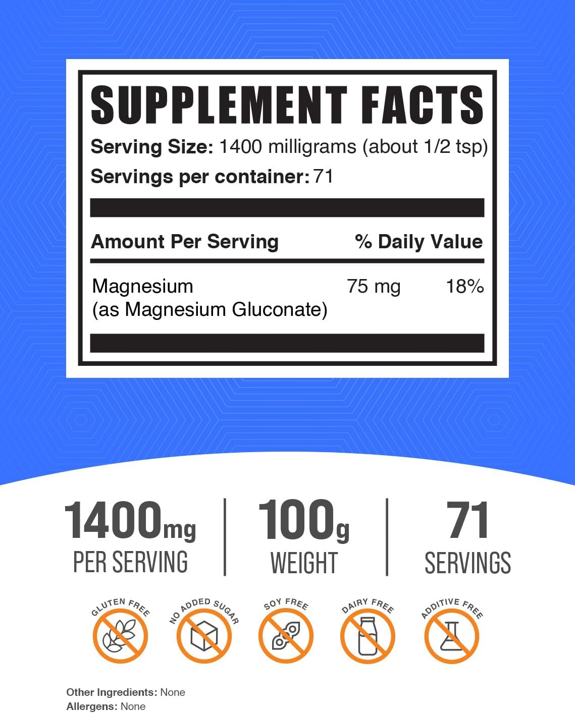 BulkSupplements.com Magnesium Gluconate Powder - Gluten Free Magnesium Supplement, 1400mg (75mg Magnesium) per Serving, 100g - 1 Pack