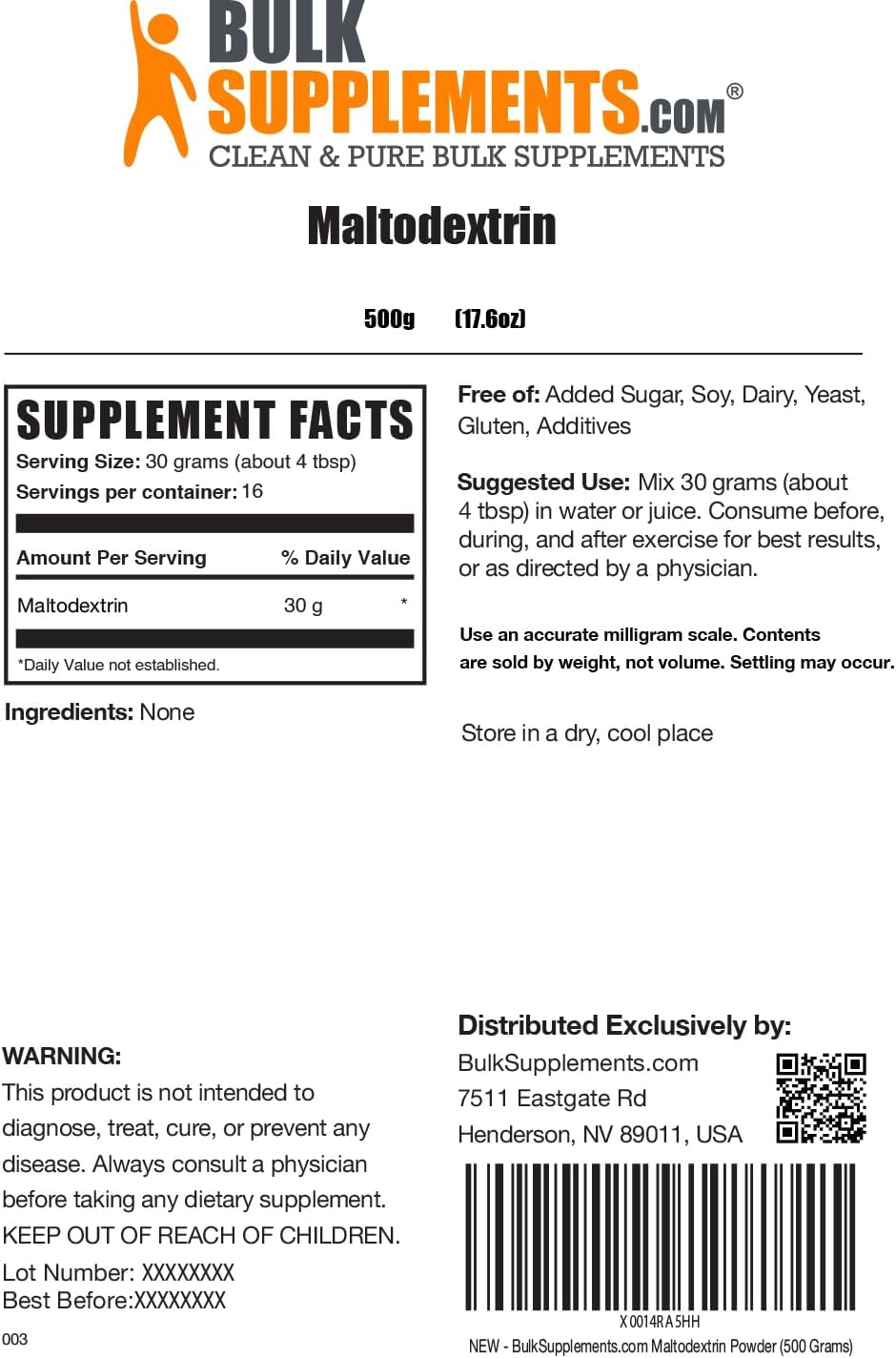 BulkSupplements.com Maltodextrin Powder - Energy Boost Supplement, Food Grade, Unflavored & Gluten Free - 500g (1.1 lbs) Pack of 1