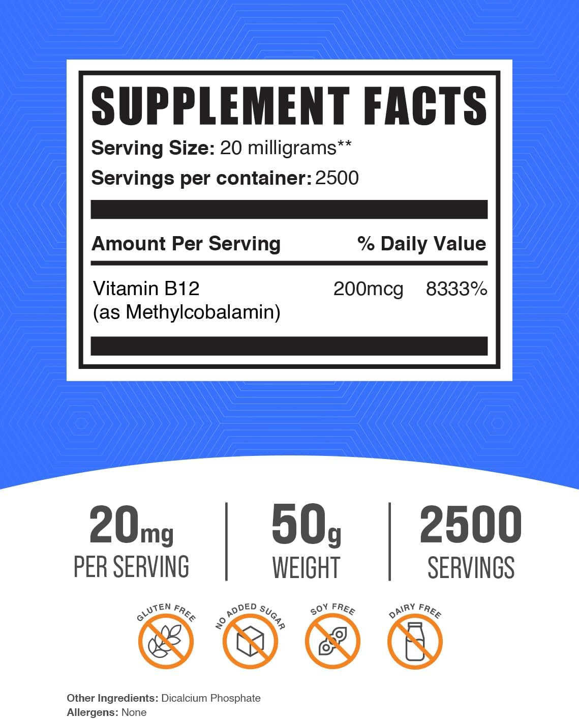 BulkSupplements.com Methylcobalamin B12 Powder - 20mg per Serving, Gluten Free B12 Supplement - Essential B Vitamin, 50g (1.8 oz) - Pack of 1