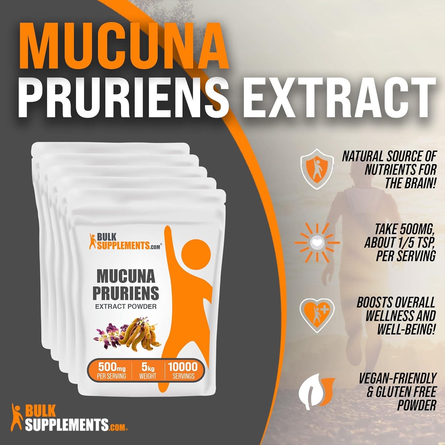 BulkSupplements.com Mucuna Pruriens Seed Herbal Extract Powder - Gluten Free Supplement, 500mg per Serving, Pack of 5 (5kg)