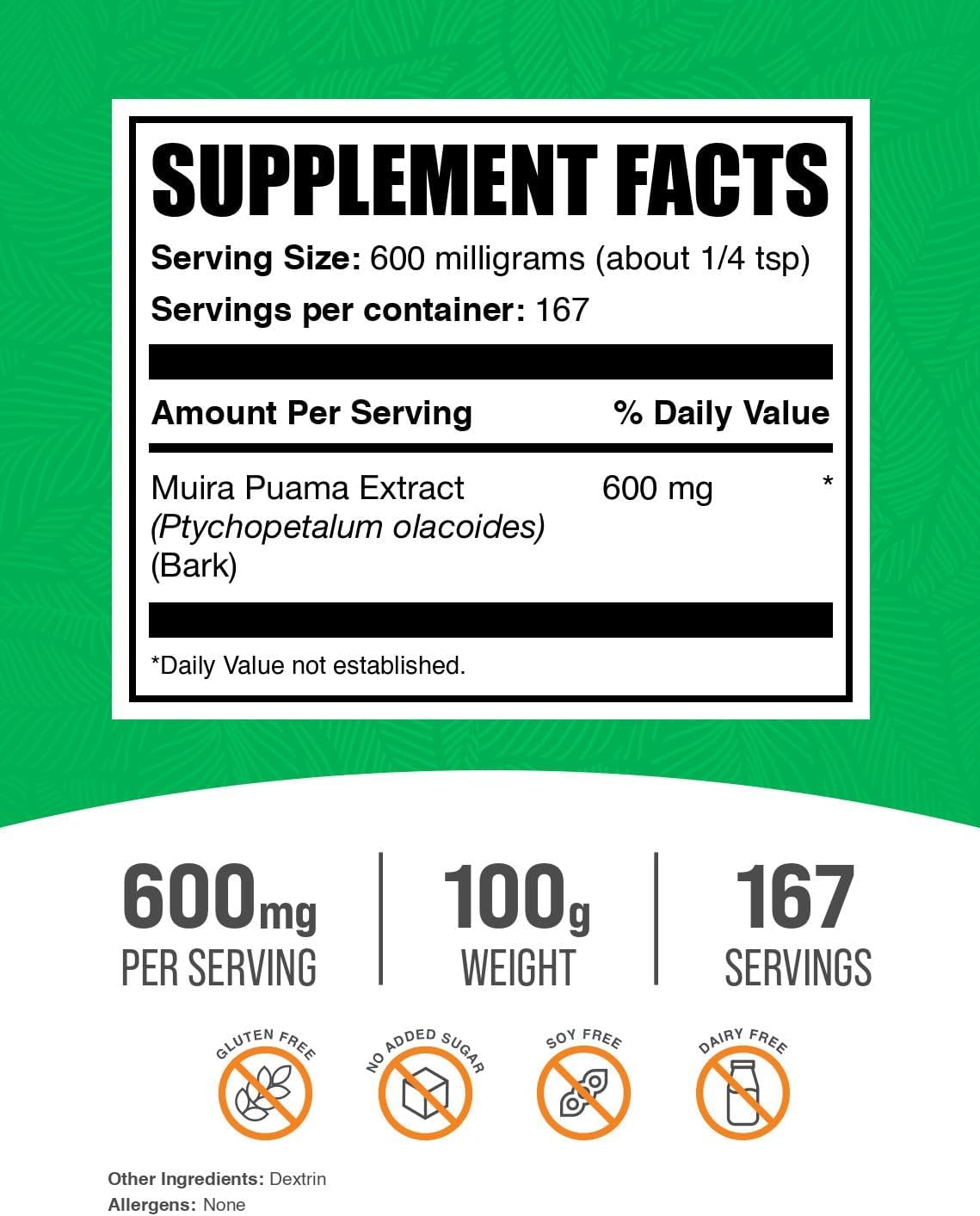 BulkSupplements.com Muira Puama Extract Powder - Herbal Supplement, Gluten Free, 600mg per Serving, 100g - Pure Muira Puama Bark Supplement