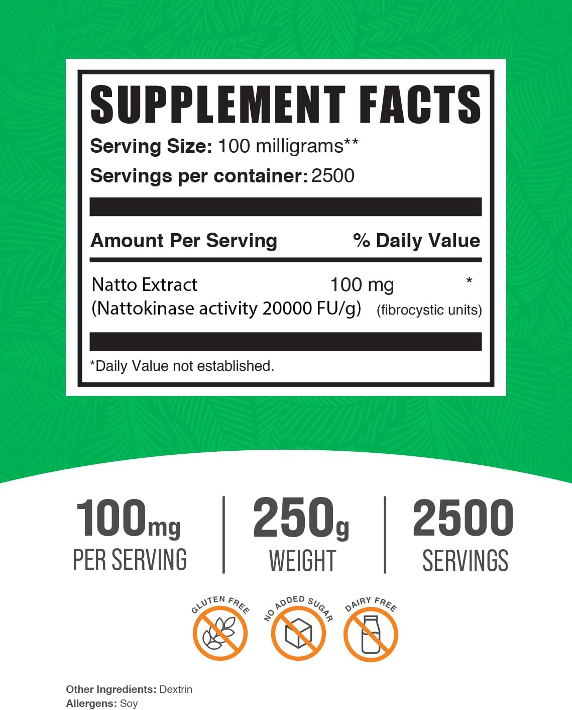BulkSupplements.com Nattokinase Powder - 2000 FU, Natto Extract Supplement - 100mg per Serving, 250g Pack