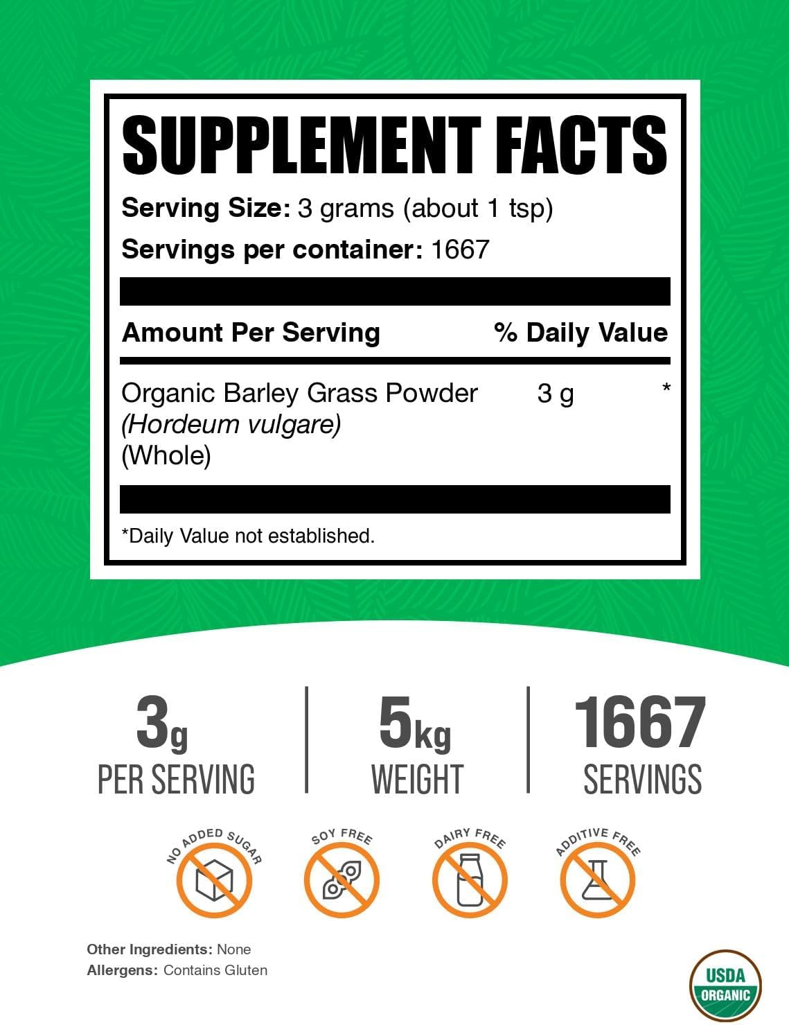 BulkSupplements.com Organic Barley Grass Powder - Superfood Supplement, Vegan-Friendly Barley Powder - 3g per Serving, 5kg (11 lbs) Pack of 5