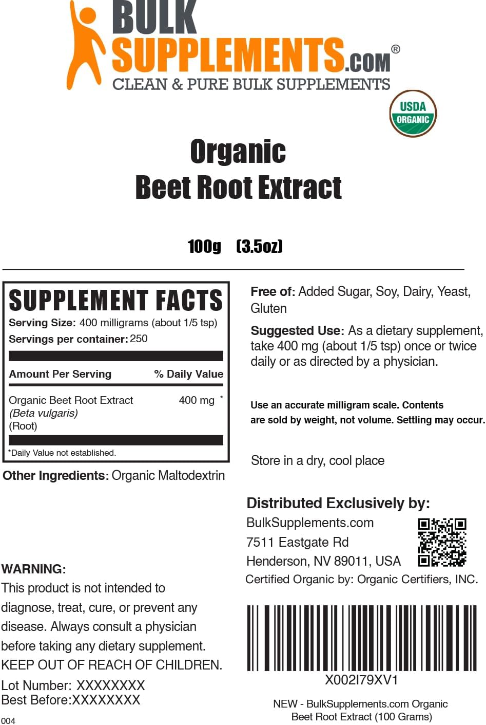 BulkSupplements.com Organic Beet Root Extract Powder - Superfood Supplement - Vegan & Gluten Free - 100g (3.5 oz) - Pack of 1 - Beets Powder - Beet Supplement - 400mg per Serving