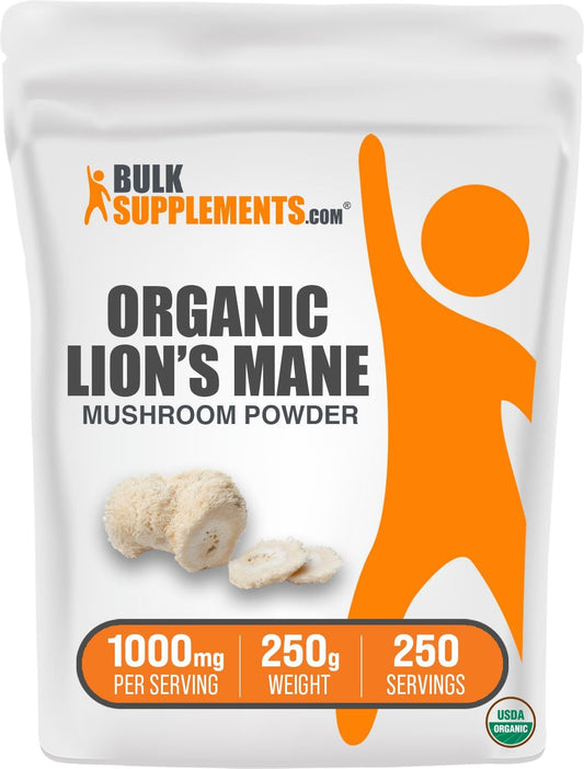 BulkSupplements.com Organic Lions Mane Mushroom Powder - 1000mg per Serving, 250g (8.8 oz) - Gluten-Free Lion's Mane Supplement Powder