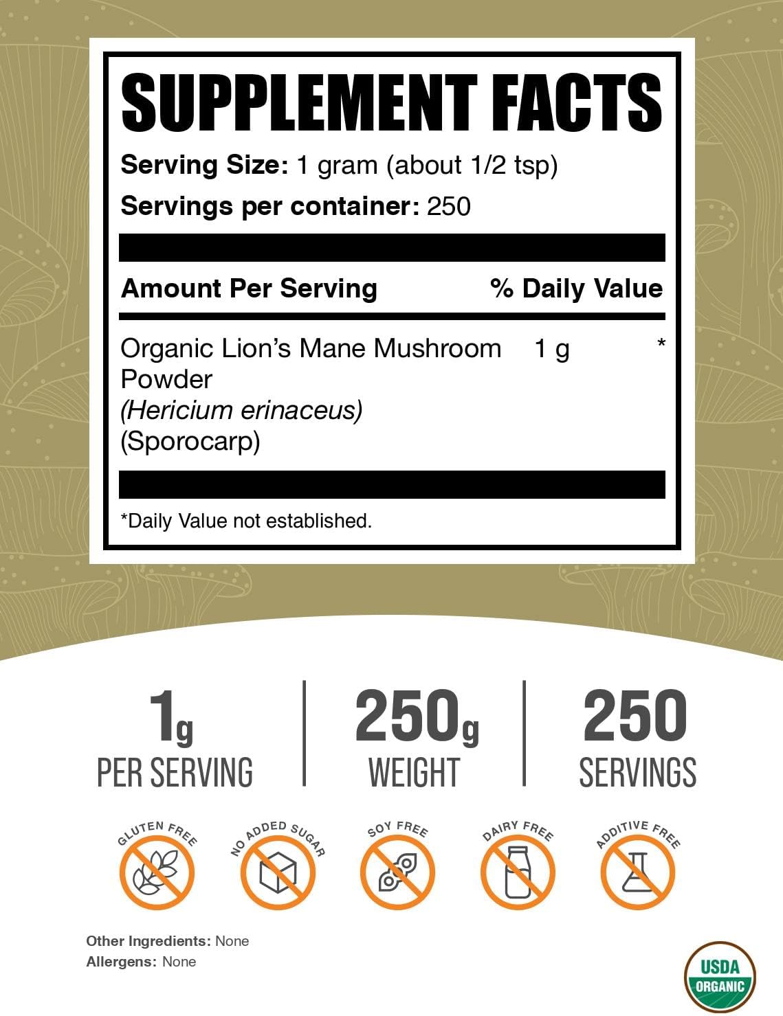 BulkSupplements.com Organic Lions Mane Mushroom Powder - 1000mg per Serving, 250g (8.8 oz) - Gluten-Free Lion's Mane Supplement Powder