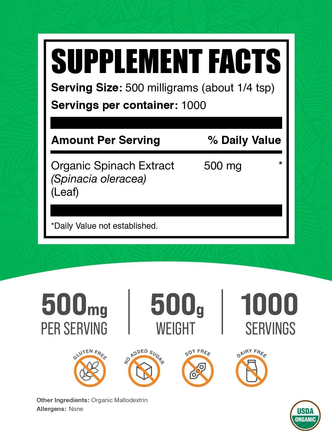 BulkSupplements.com Organic Spinach Extract Powder - Herbal Spinach Supplement, Gluten Free, 500mg per Serving - 500g (1.1 lbs) - Pack of 1