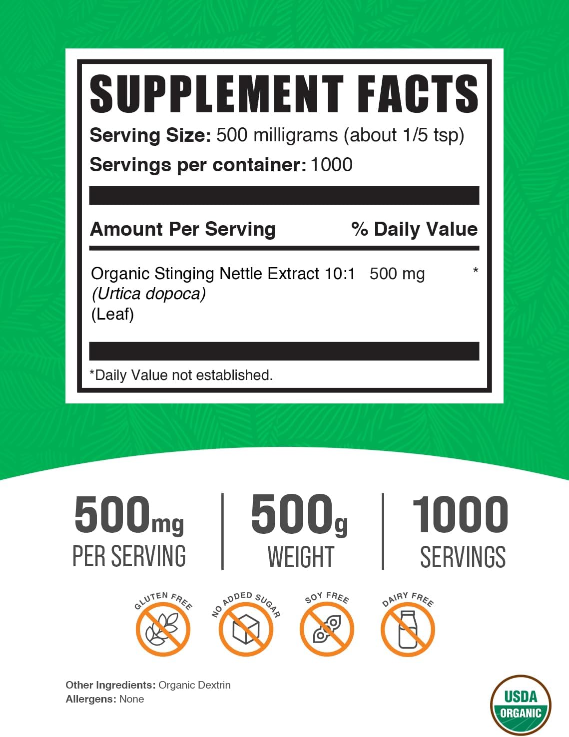BulkSupplements.com Organic Stinging Nettle Leaf Extract 500mg - Vegan & Gluten Free Supplement, 500g (1.1 lbs) - Pack of 1