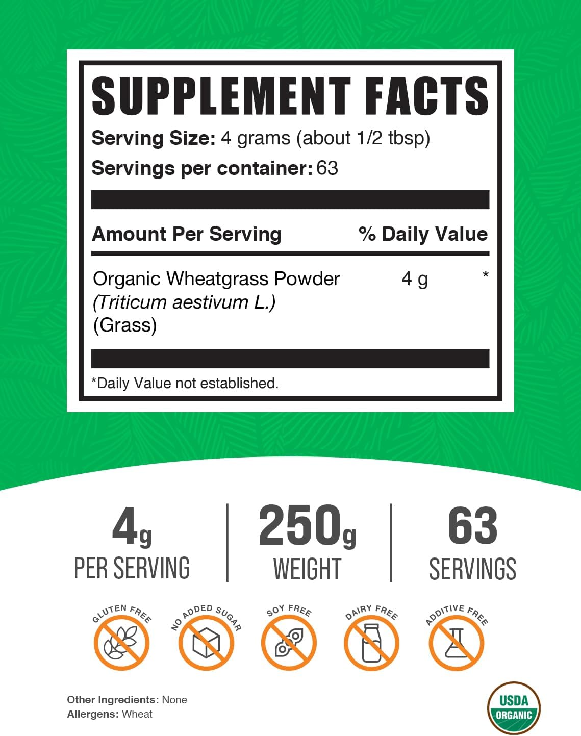 BulkSupplements.com Organic Wheatgrass Powder - Superfood Supplement, 250g (8.8 oz), Vegan & Gluten Free - Green Powder, Organic Wheatgrass Powder - 4g per Serving