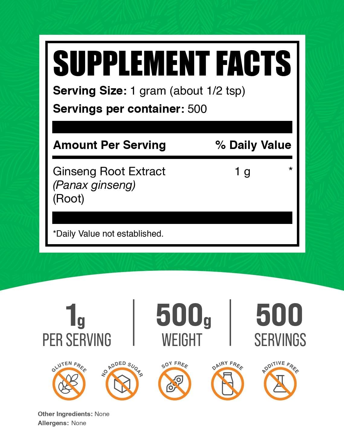 BulkSupplements.com Panax Ginseng Root Extract Powder - Herbal Ginseng Supplement, Vegan & Gluten Free - 1000mg per Serving, 500g (1.1 lbs) Pack