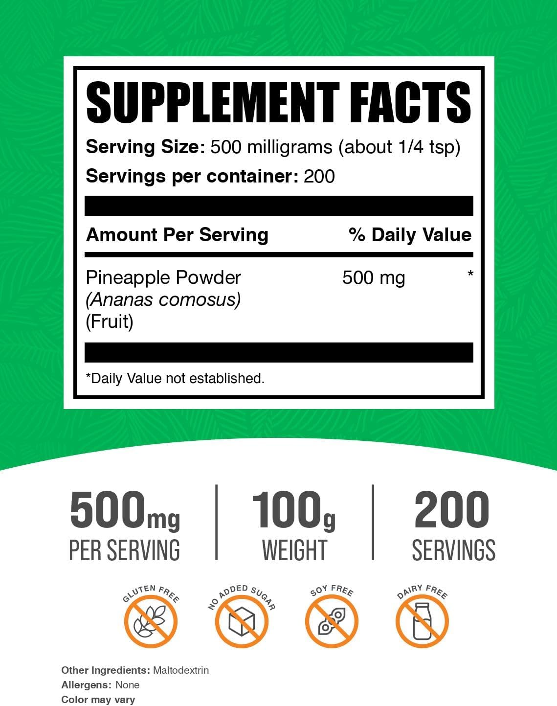 BulkSupplements.com Pineapple Fruit Powder - Unsweetened for Flavoring & Smoothies - Gluten Free, 500mg per Serving, 100g (3.5 oz) Pack