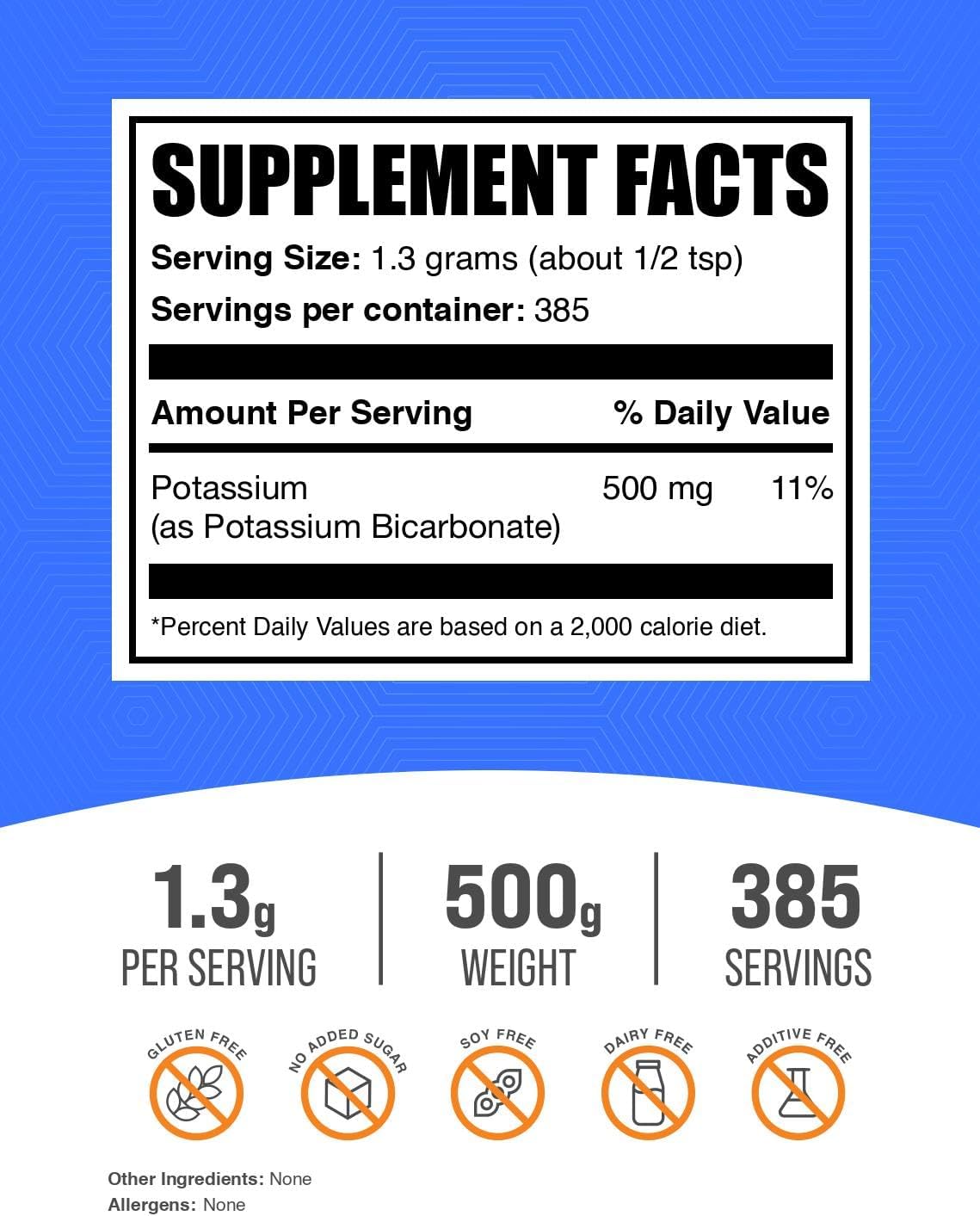 BulkSupplements.com Potassium Bicarbonate Powder - Food Grade Potassium Supplement - 500g (1.1 lbs) - 1300mg per Serving - Pack of 1