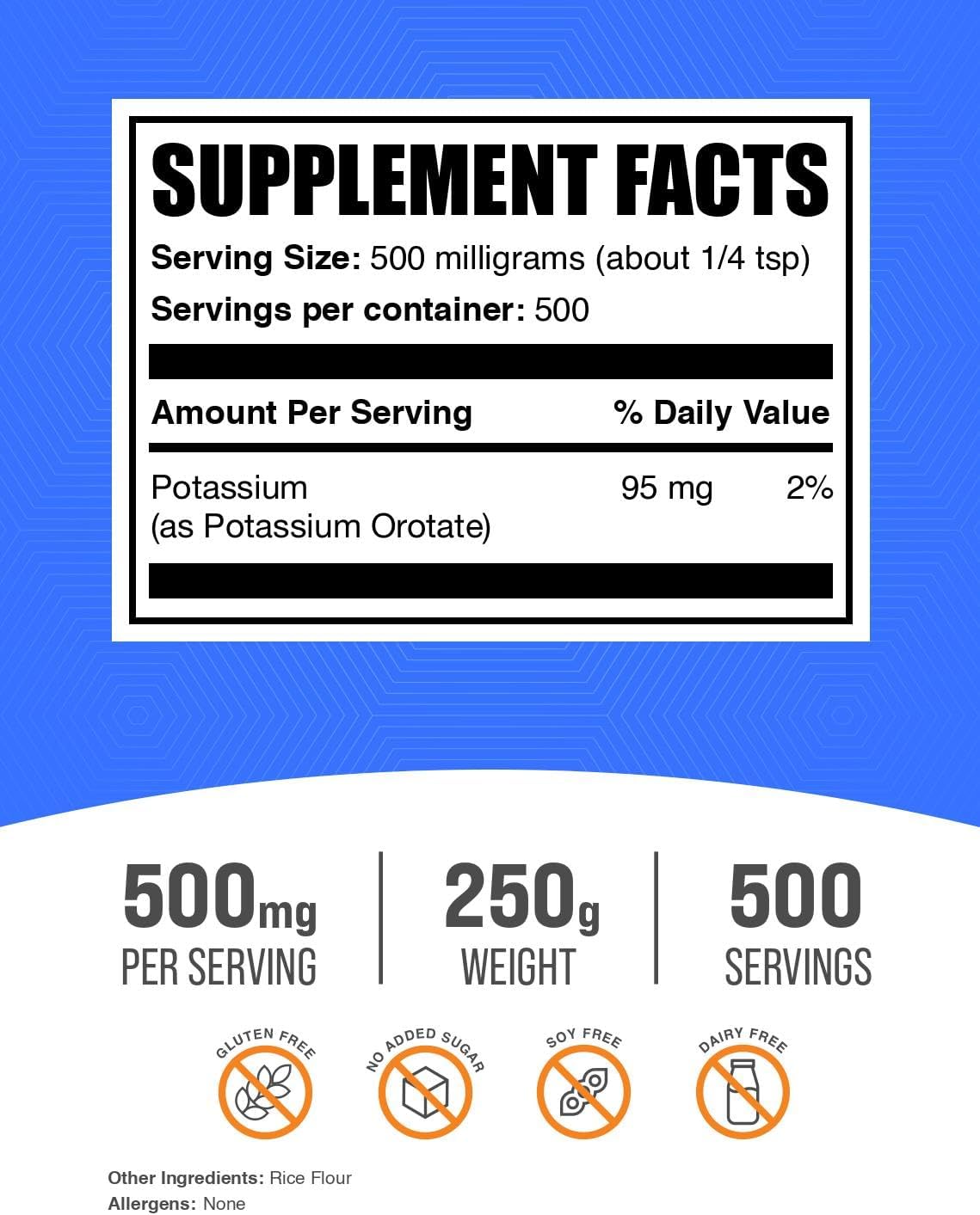 BulkSupplements.com Potassium Orotate Powder - 500mg Potassium Supplement - Gluten Free - 250g (8.8 oz) - Pack of 1