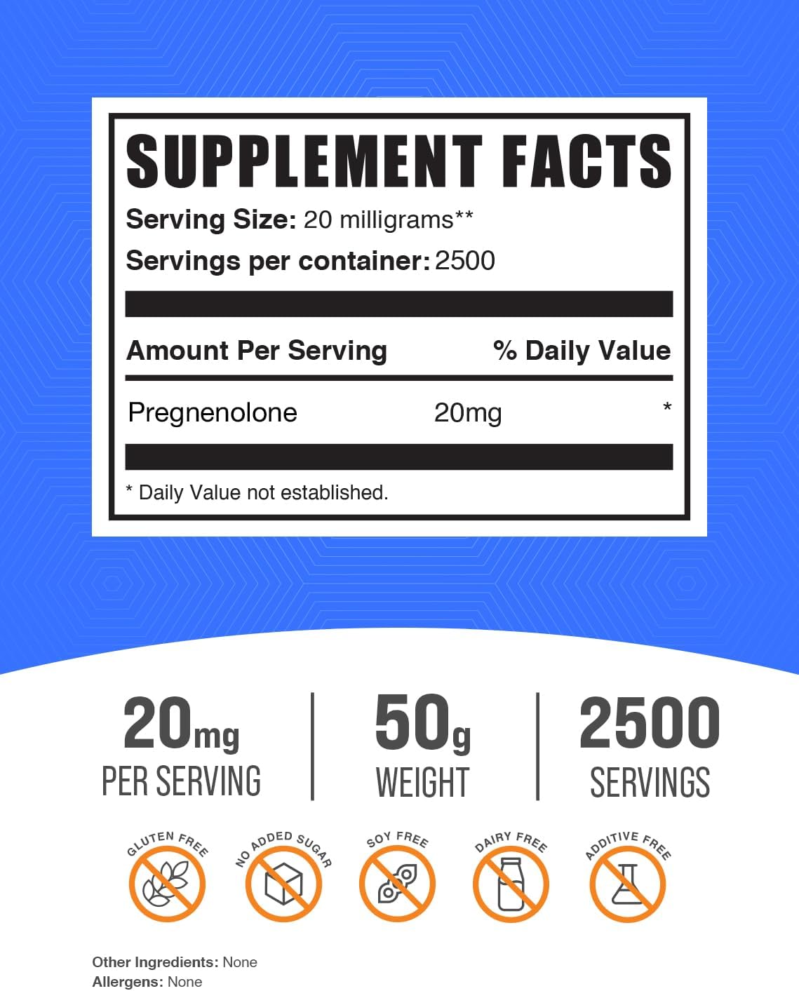 BulkSupplements.com Pregnenolone Powder - Pure 20mg Pregnenolone Supplement, Gluten Free, 50g (1.8 oz) - Pack of 1 - BoostGo Australia