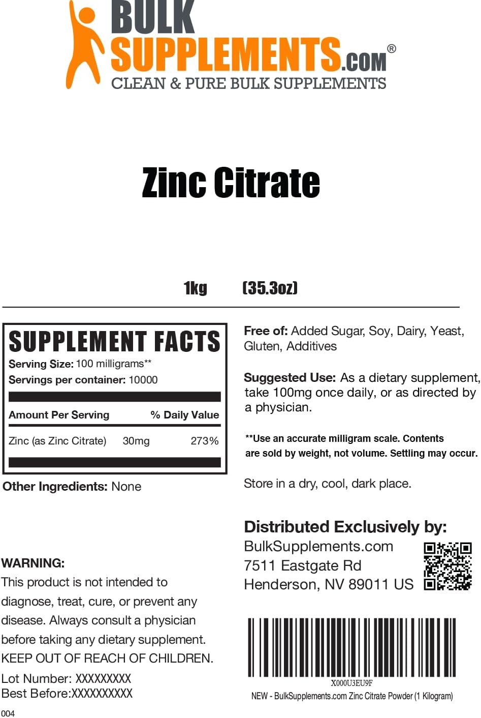 BulkSupplements.com Pure Zinc Citrate Powder - Immune Support Supplement, 30mg Zinc - Gluten Free, 100mg per Serving, 1kg (2.2 lbs) Pack