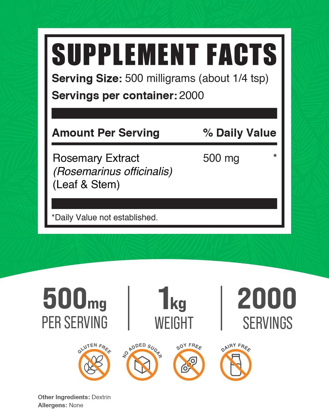 BulkSupplements.com Rosemary Extract Powder - Pure Rosemary Herbal Supplement - Gluten Free, 500mg per Serving, 1kg (2.2 lbs)