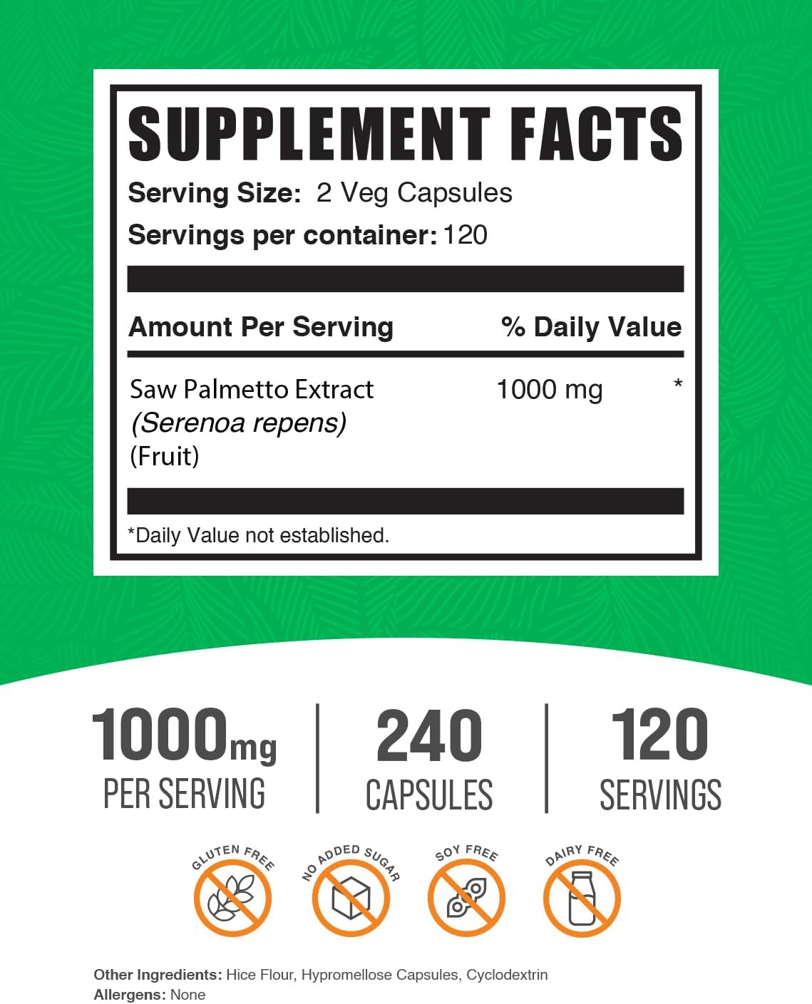 BulkSupplements.com Saw Palmetto Extract Capsules - High Potency 1000mg Supplement, Gluten-Free, 240 Veg Capsules - Pack of 1, Serenoa Repens, 2 Capsules per Serving